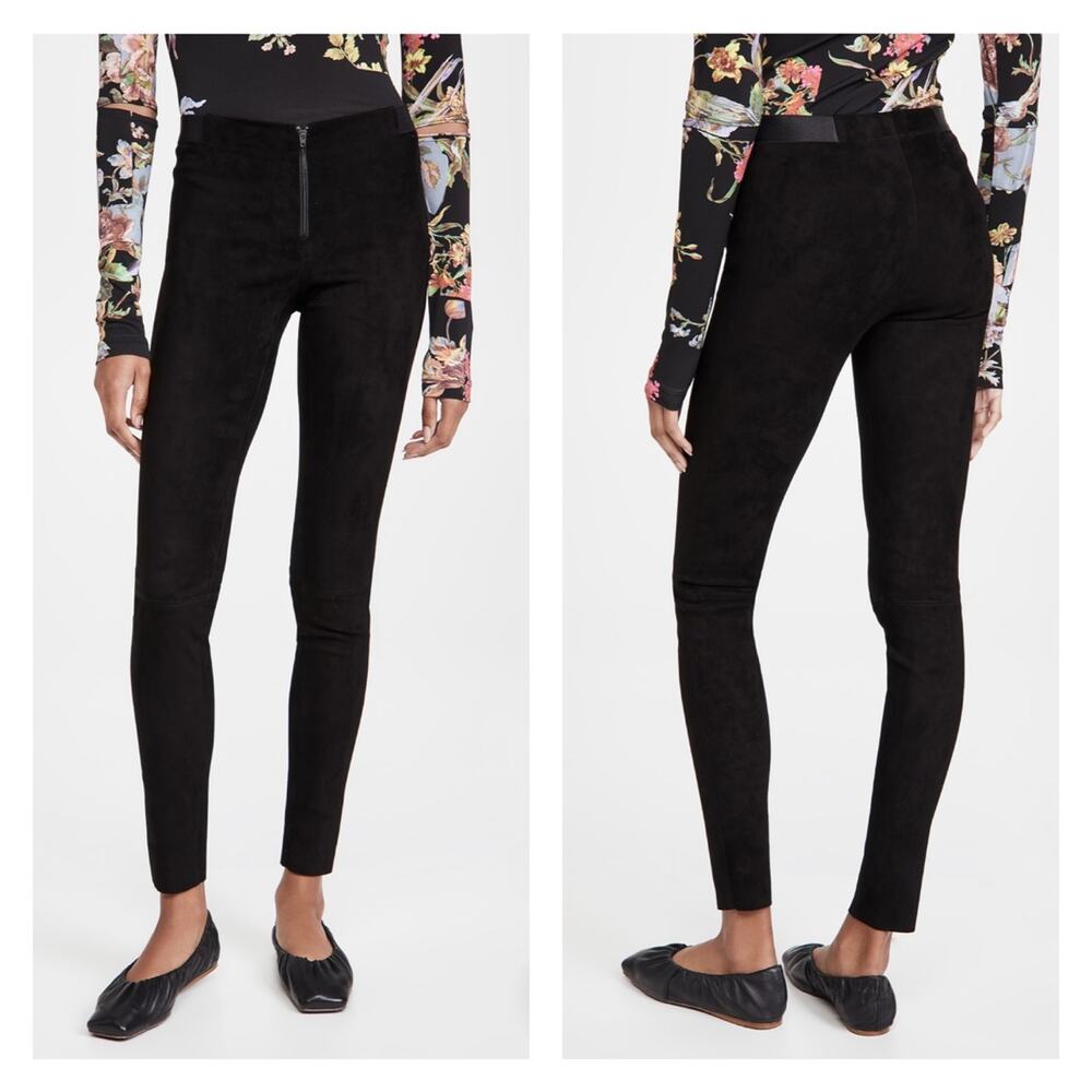 Alice&Olivia Black Lamb Skin Suede Leather Front Zip Leggings Sz.10